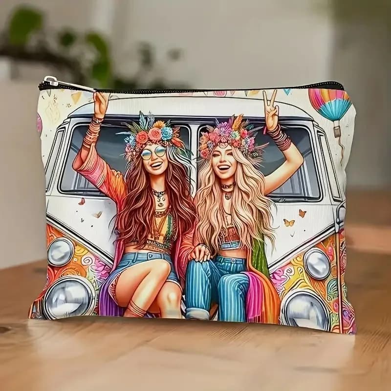 Boho Hippie Girls Vintage Van Print Cosmetic Bag Women Canvas Makeup Pouch Rainbow Floral Travel Zipper Storage Purse