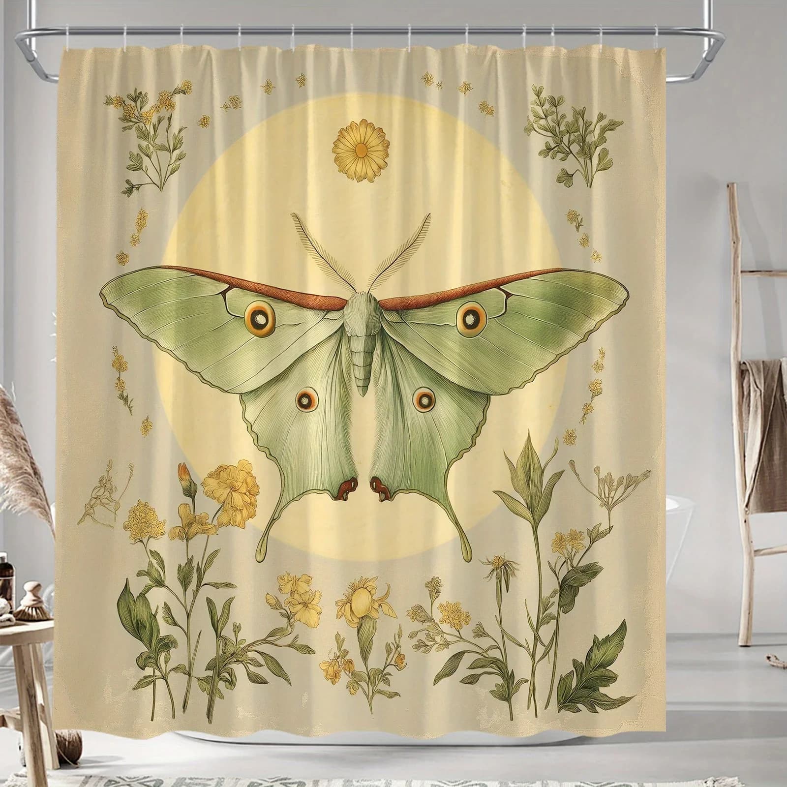 Tenda da doccia vintage con falena botanica - falena verde pallido con motivi rossi e arancioni, margherite e calendoli, toni terrosi