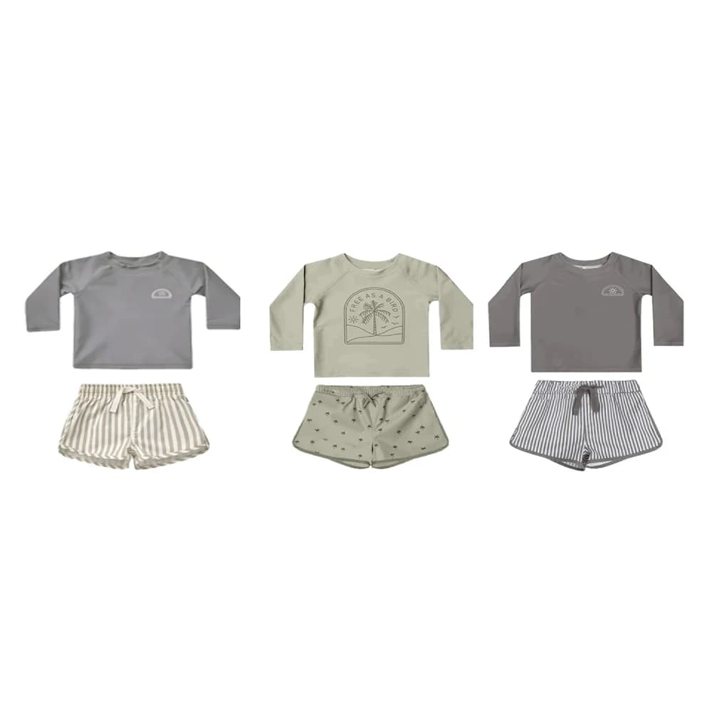 Men's long-sleeved sports swimsuit with O-neck, fast drying, top + bath shorts + hat, children's swimsuit, beach and beach holidays