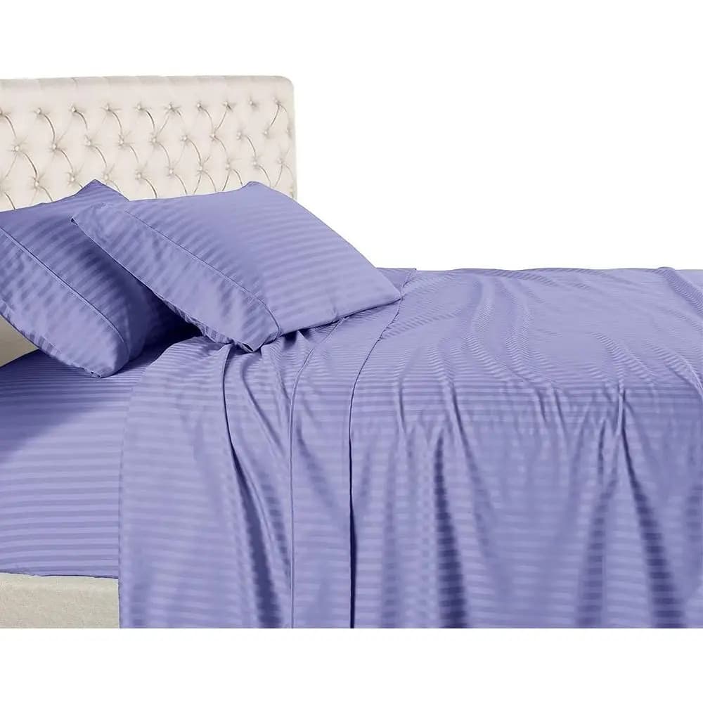 Set di lenzuola a righe color periwinkle, 5 pezzi, 500 fili, per letto Split-King, 100% cotone, satinato, colore intenso