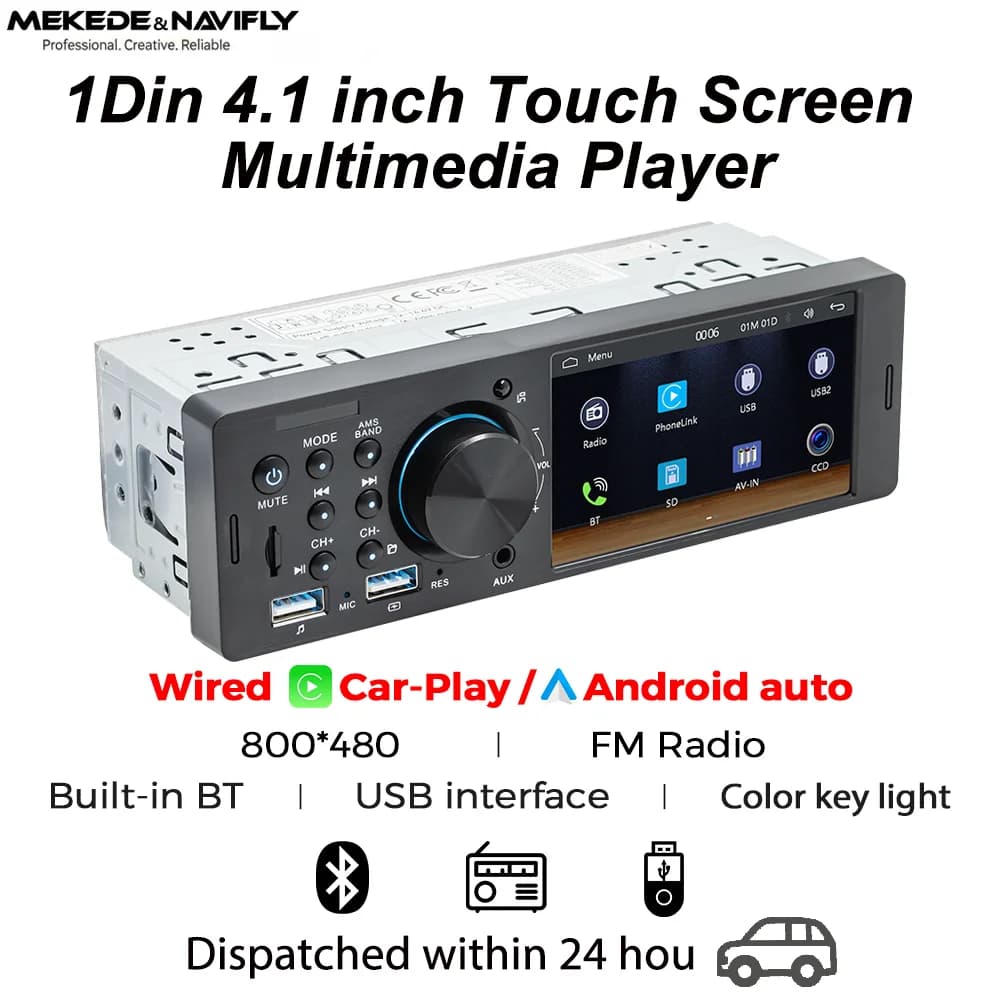 MEKEDE & NAVIFLY 1 Din Wireless CarPlay HD touch screen Universal 4.1 "Radio per auto FM Stereo Multimedia player MP5 Porta BT TF Camera