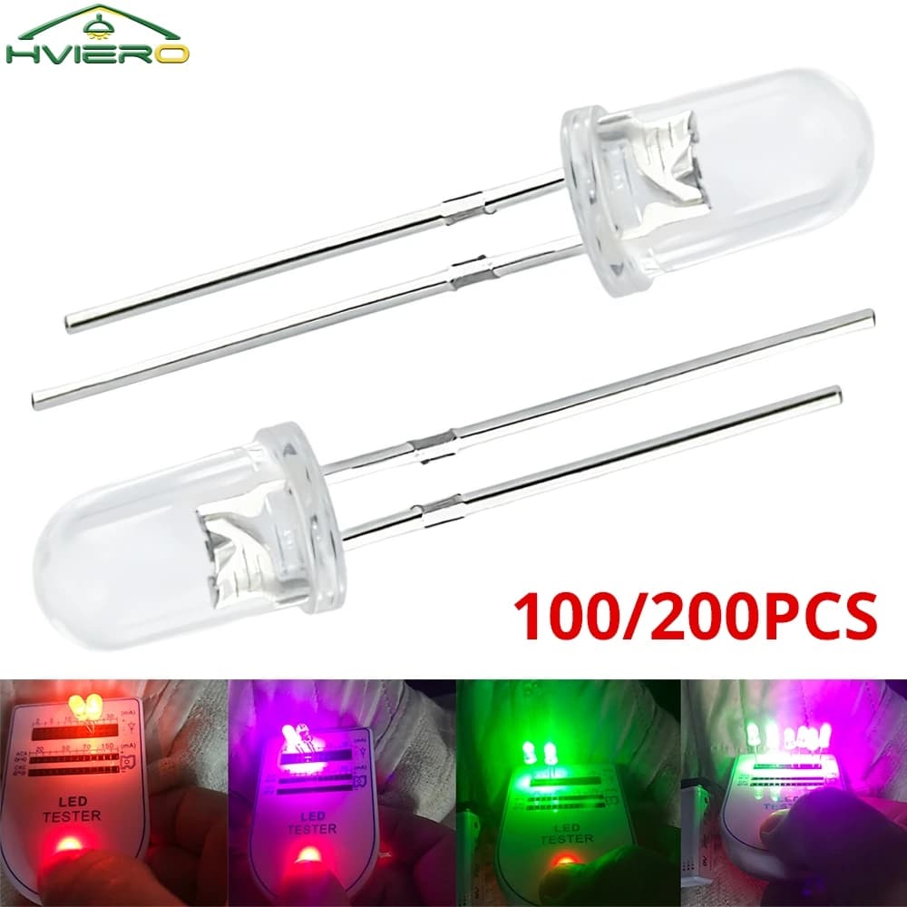 100/200X F5 5mm Diodo rotondo trasparente acqua Led Bianco Rosso Verde Blu Giallo Rosa Arancione Diodi emettitori di luce super luminosi Lampadina