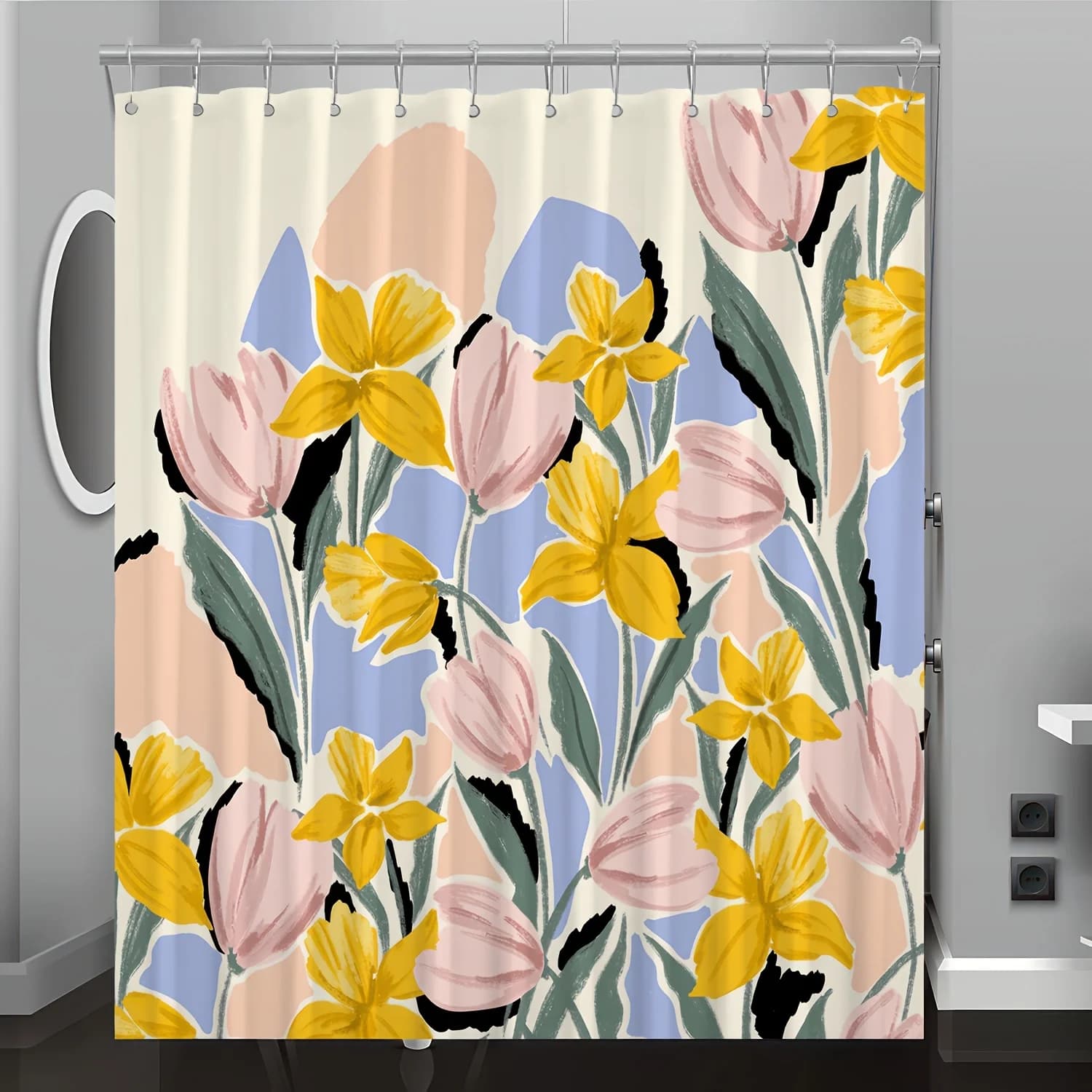 Tenda da doccia con stampa digitale con motivo floreale da 1 pezzo, lavabile in lavatrice, poliestere reversibile quattro stagioni, bagno e arredamento per la casa