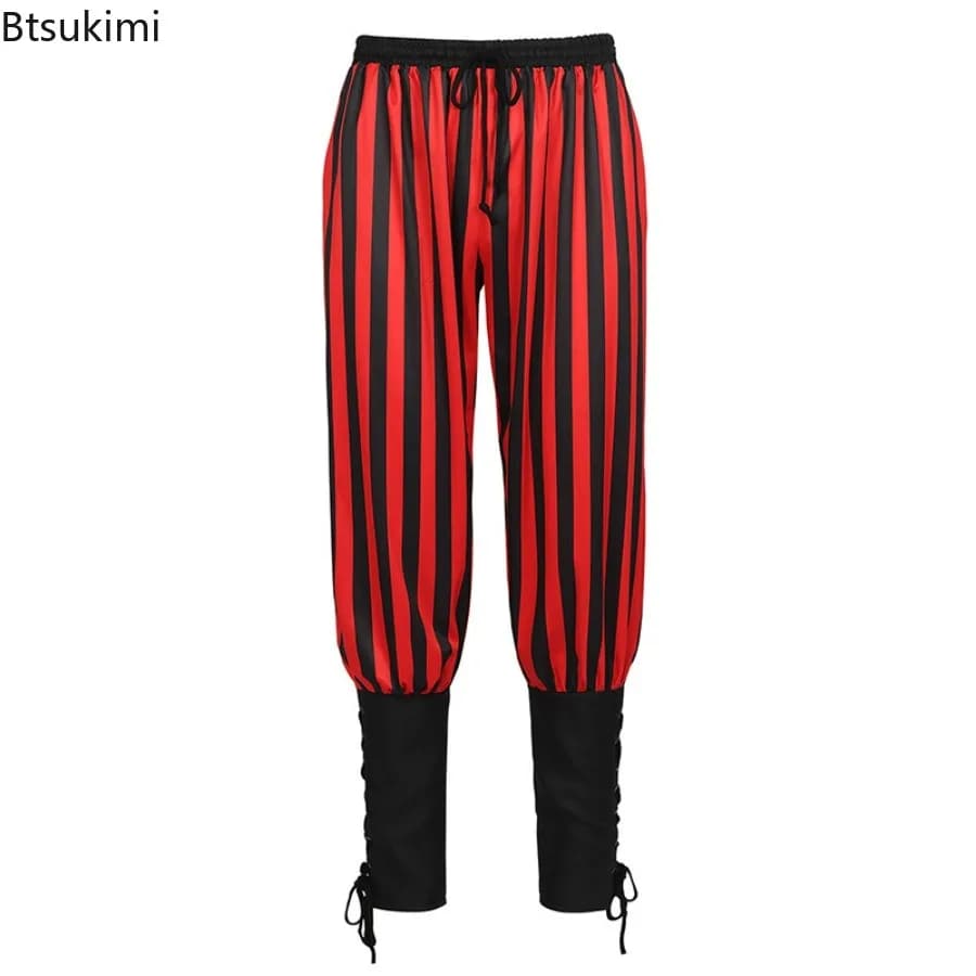 Nuovi Pantaloni Medievali da Pirata per Uomo, Costume da Cavaliere in Lino, Leggings Larghi Neri, Pantaloni da Navigatore con Fasce alla Gamba