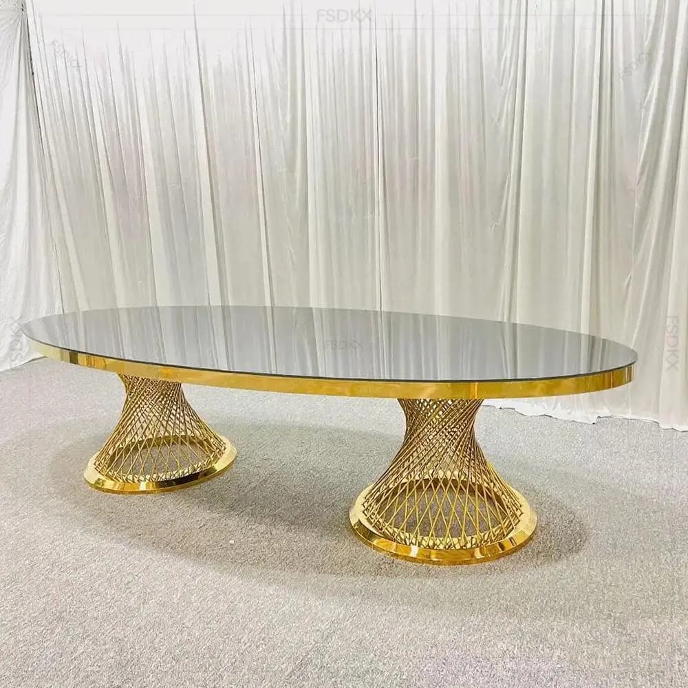 FSDKX Forniture per matrimoni Gambe dorate Tavolo ellittico Piano da tavolo a specchio di lusso per eventi nuziali Tavolo da pranzo grande