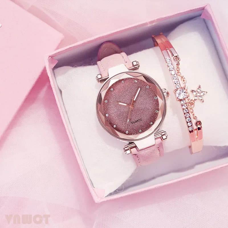 Women's Casual Romantic Sky Starry Leather Bracelet Rhinestone Designer Women's Watch Simple Dress Gfit Montre Femme