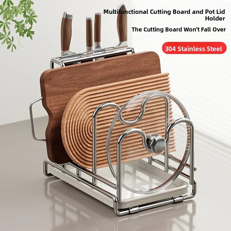 Stainless Steel 304 Multipurpose Kitchen Countertop Cutting Board Holder Pot Lid Rack Non-Slip Design Home Use Storage Organizer