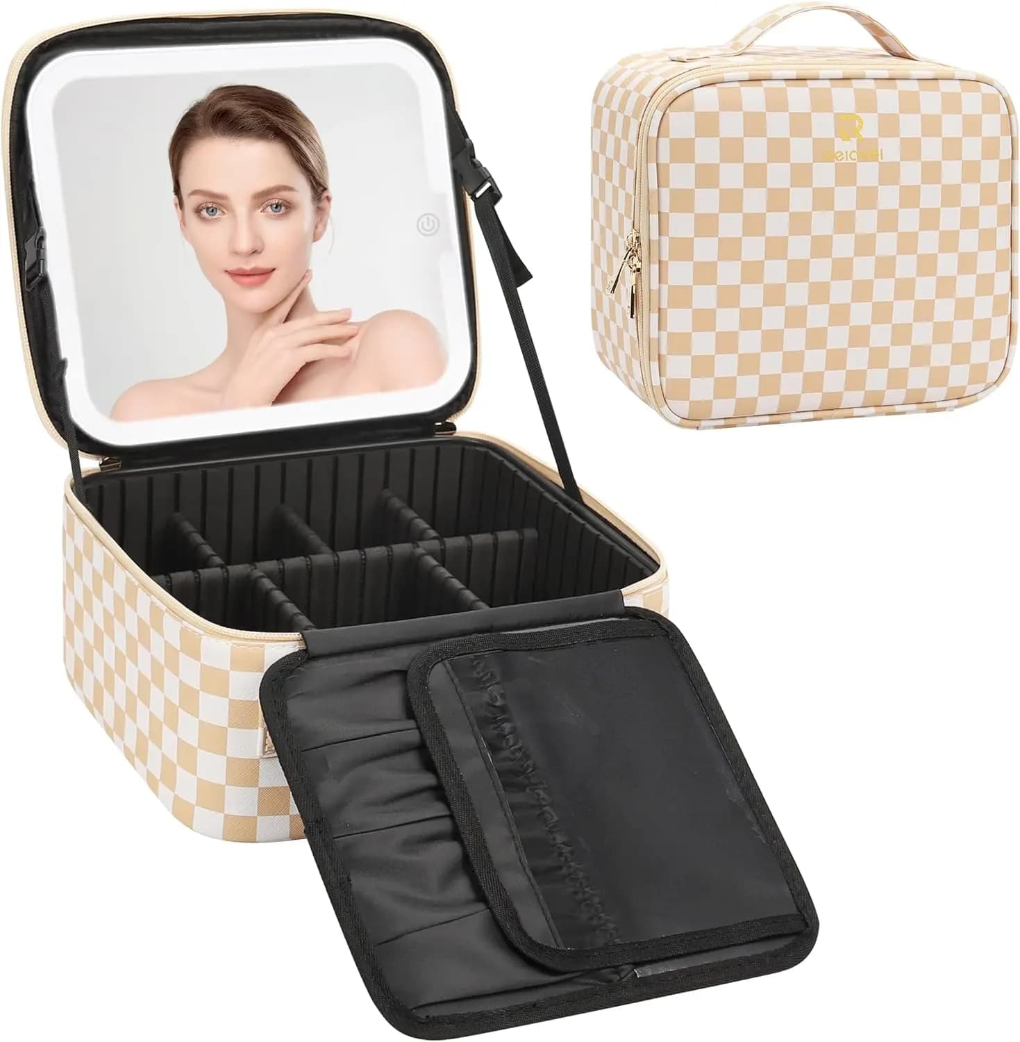 Borsa da viaggio per il trucco con specchio LED, organizer cosmetico portatile con divisori regolabili e porta pennelli in design scozzese