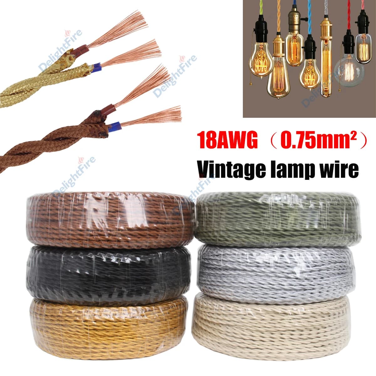 Cavo intrecciato intrecciato a 2 condotti 18 AWG Corda di canapa Cavo elettrico Cavo lampada coperto in tessuto vintage per ventilatore lampada retrò Progetto fai da te