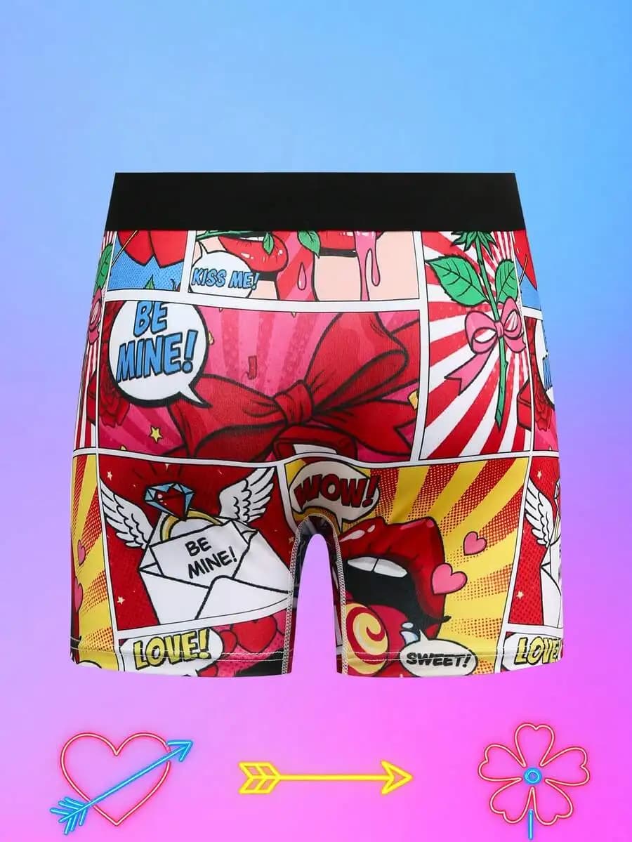 Valentines Day Comic Print Mens Boxer Shorts Cartoon Love Design Mid-Length Trunks