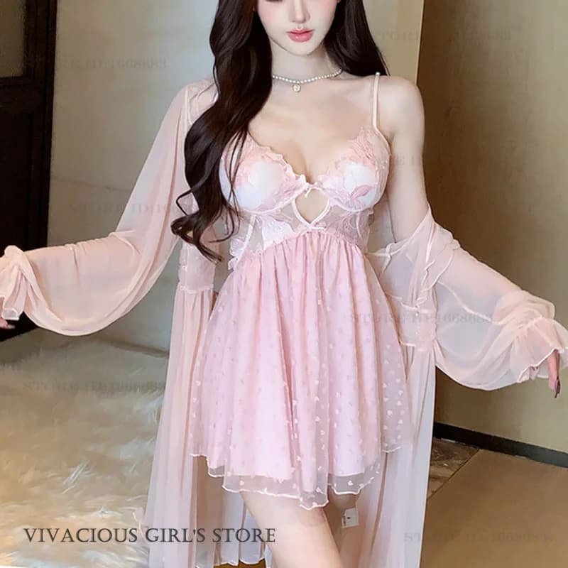 Sexy Female Twinset Robe Set Pajamas Summer Sleewpear Nightgown Perspective Lace Bathrobe Nightie Intimate Lingerie new Homewear