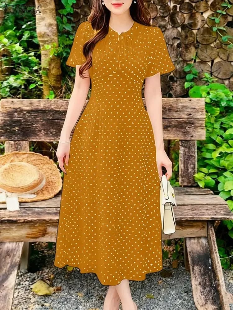ZANZEA Donna 2025 Abito estivo Eleagnt Manica corta Abiti a pois Casual Lace-Up Vacanza Midi Robe Moda Abiti da lavoro