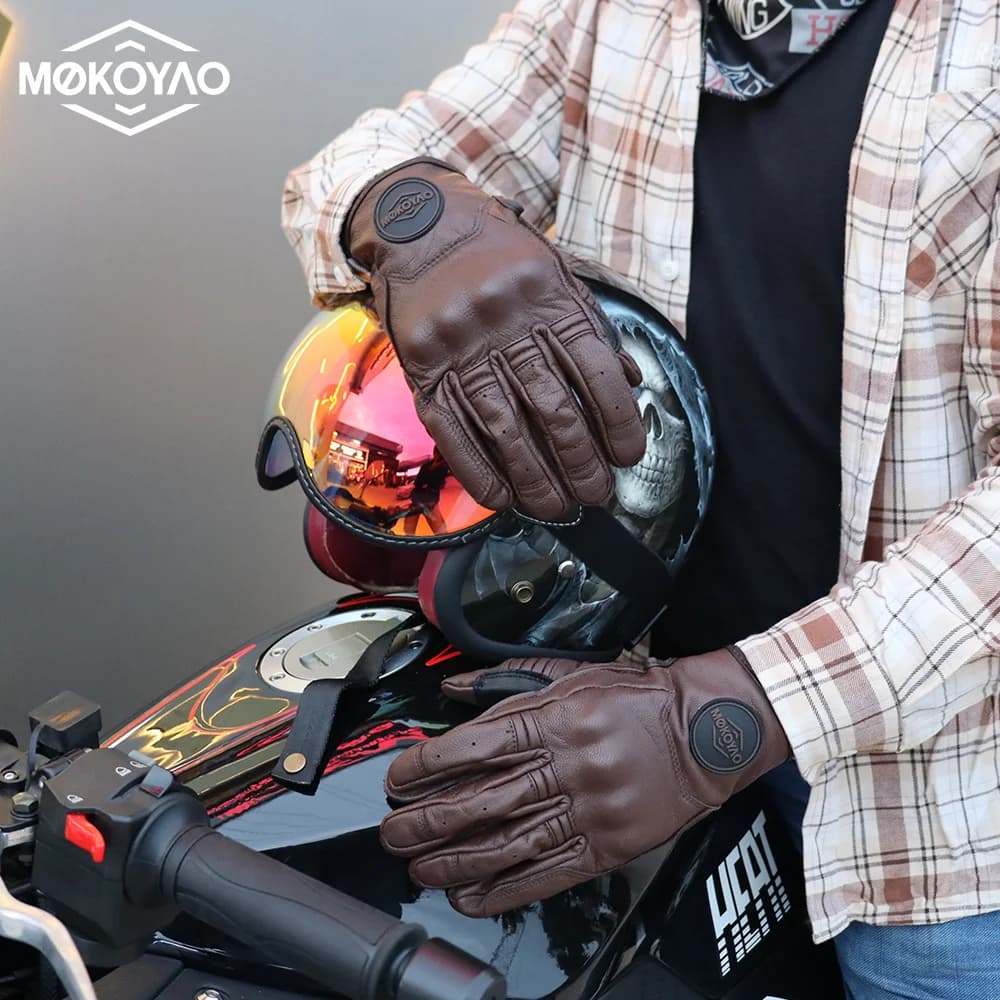 Retro Genuine Leather Motorcycle Gloves Men Lady Anti-skid Shockproof Motorbike Racing Gloves Touch Screen Motocross Moto Glove