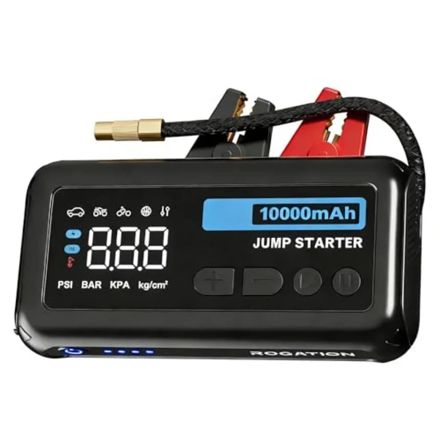 Avviatore di Emergenza Portatile 12V con Compressore d'Aria 150PSI e Power Bank da 10000mAh con Picco di 2000A, Ricarica Rapida 33W, Supporta Motori fino a 10L