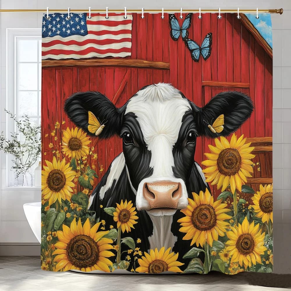 1 Piece Country Farmhouse Style Shower Curtain, Farm Cow, Garden Sunflowers Bathroom Decorative Shower Curtain with Hooks