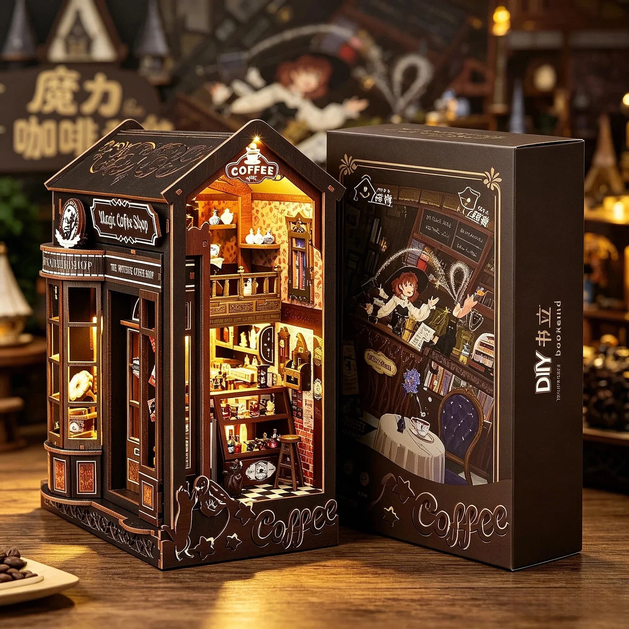 DIY Book Nook Shelf Insert Kit Magic Coffee Shop Bookend Miniature Dollhouse 3D Puzzle Assembly Model for Adults Gifts Toys