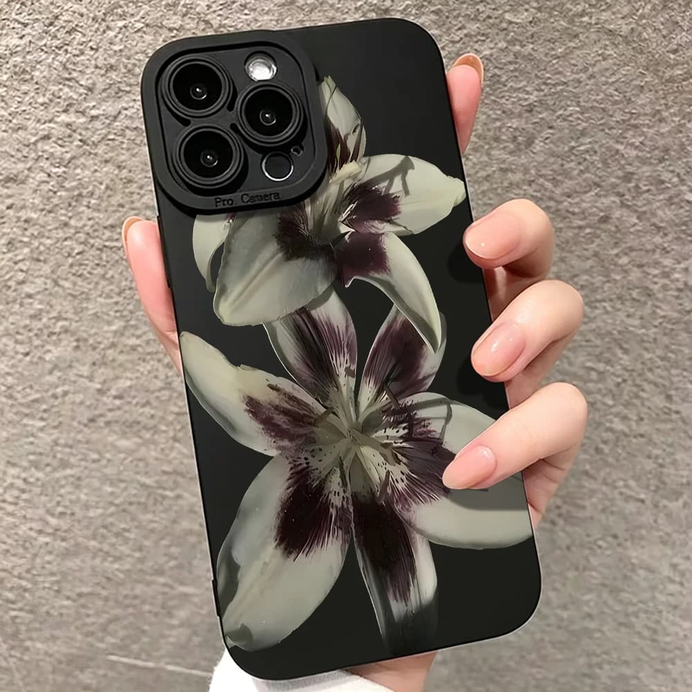 Dark Center Lilies Phone Case For iPhone 17 Pro Max 16 15 14 13 12 11 Pro Plus 16E X Plus Full Camera Protection Soft TPU Cover