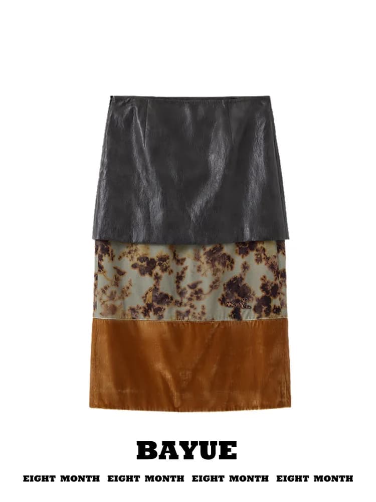 Gold Velvet Print Splicing Leather Skirt Women's Autumn Winter Vintage High Waist Straight Tube Multi-layer Medium Length ...