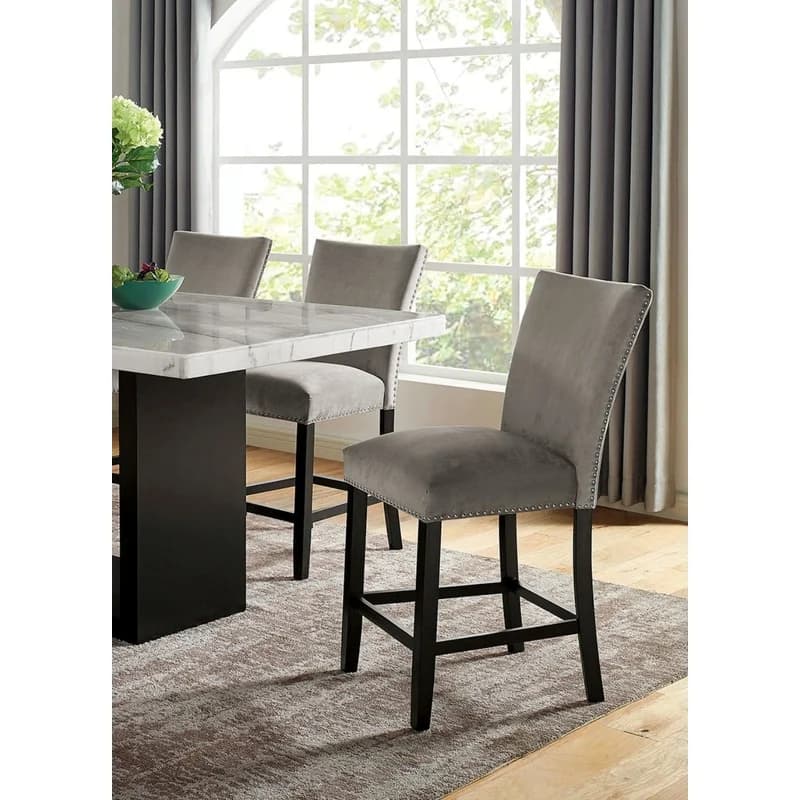 Light Gray Flannelette Dining Chairs with Black Wood Legs, Contemporary Counter Height, Nalihead Trim