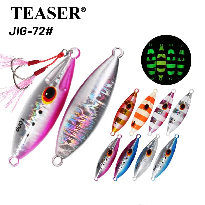 TEASER J72 30g 40g 60g 80g 100g 120g Jig Ape Lenta, piastra di ferro ad Affondamento lento esca per la pesca in mare luce notturna