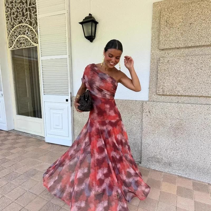 Elegant One Shoulder Sheath Sheer Long Dress Women Fashion Temperament Slim Party Dress Sexy Strapless Solid Color Maxi Dresses