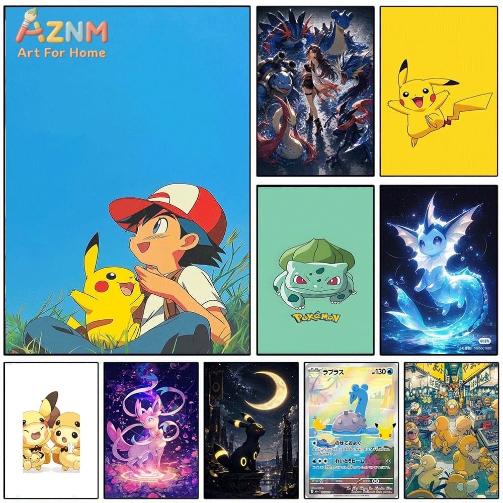 AZNM Classic Pokemon Canvas Wall Art Ash Ketchum Pikachu Bulbasaur Vaporeon Espeon Umbreon Anime Print for Bedroom Living Room