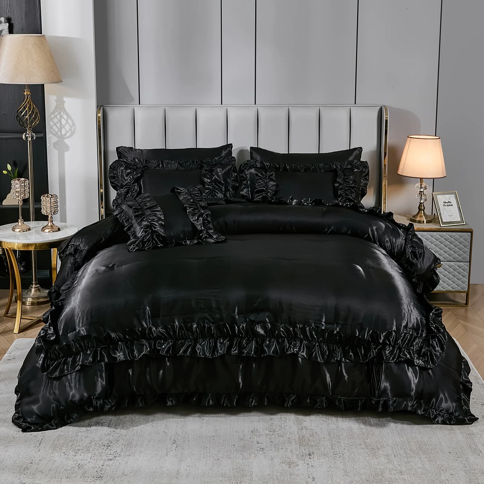 8-Piece Satin-Feel Black Comforter Set for Queen Bed – Soft Microfiber Fill, Ruffled Design, Shabby Chic Farmhouse Style, Includes Matching Sheets & Pillowcases, Smooth Satin-Like Finish, Lightweight 200G Fill, Easy-Care Bedding Set