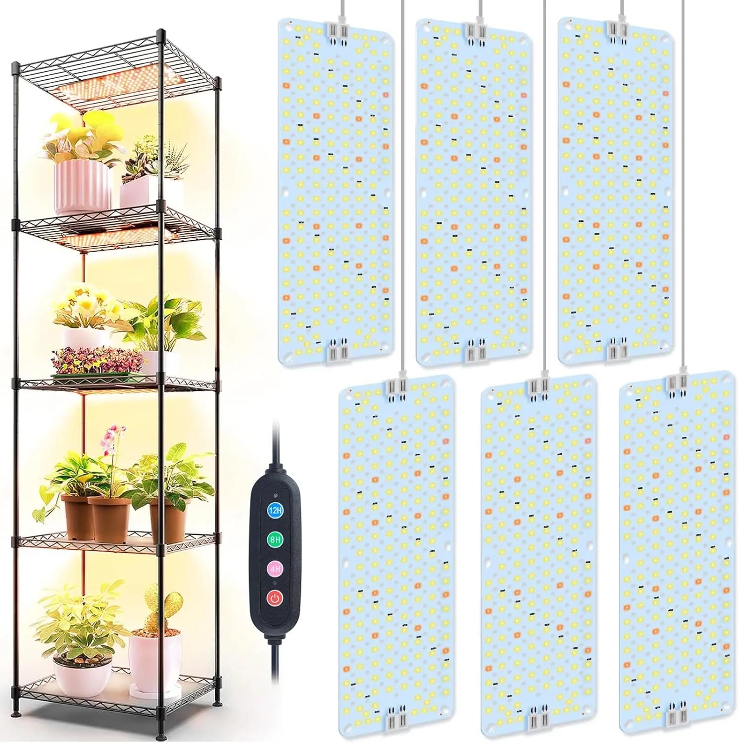 Lampada LED per Coltivazione a 6 Pannelli con Timer, Spettro Completo per Piante da Interno, Germinazione, Vegetativa, Fioritura