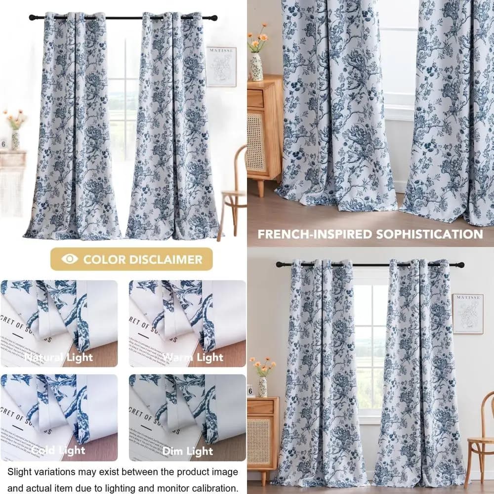 Curtains Style Farm with Floral Print, Set of 2 Panels, Blue Stone, Boho Style, Vintage Dark