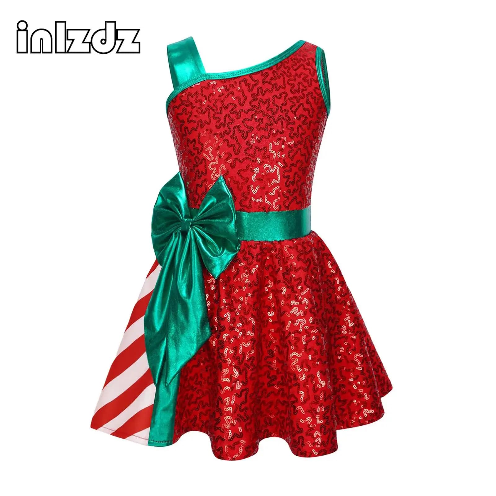 Vestito da Balletto con Paillettes e Strisce per Ragazze, Costume Natalizio e di Capodanno, Abito Senza Maniche per Pattinaggio Artistico