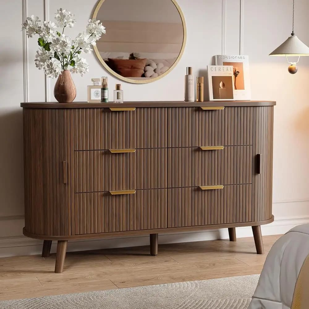 6 Drawers Wide Modern Chest with Sliding Door, Metal Handles, Curved Profile & Sturdy Legs, Walnut Wood TV Stand or Bedroom, Liv