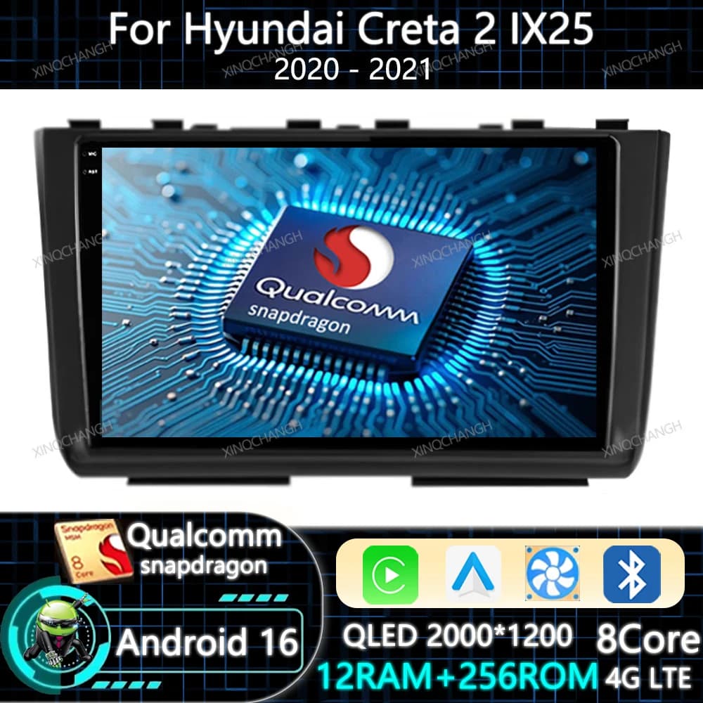 Android 16 Car Radio For Hyundai Creta 2 IX25 2020 - 2021 QLED 2DIN GPS Carplay Auto Qualcomm Multimedia Video Player BT 4G WIFI