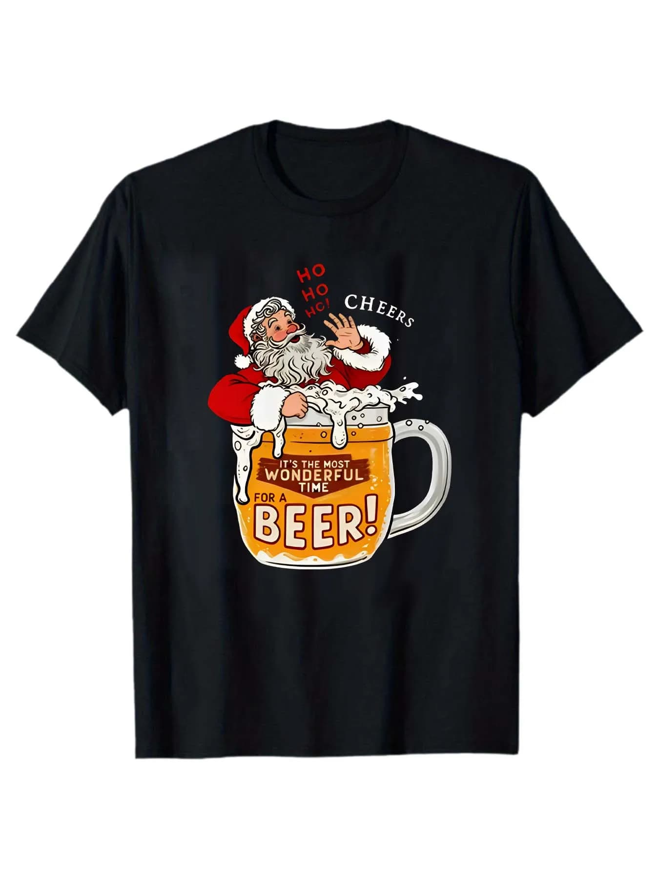 Natale Divertente Babbo Natale Boccale di birra Stampa T-shirt Vacanza "HO" Saluti Umoristico Nero Casual Top
