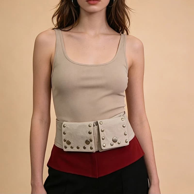 Niche Retro Hippie-Style Workwear Pocket Waist Bag with Studded Wide Belt and Tribal-Inspired Decorations for Women