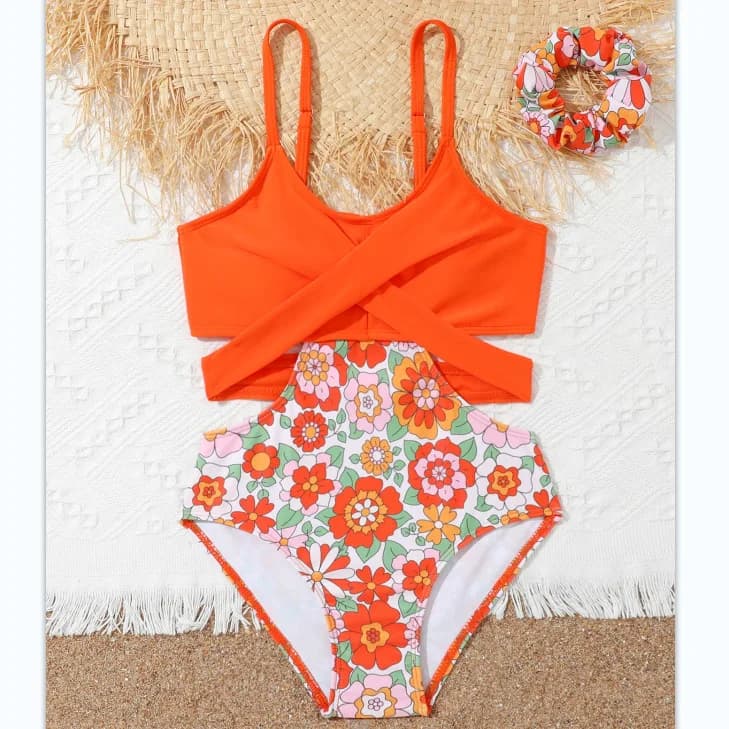 Girls 7-12 Years Full Beach Swimwear Children's Swimwear Teenagers 2024 Sports Swimwear Floral Jumpsuit