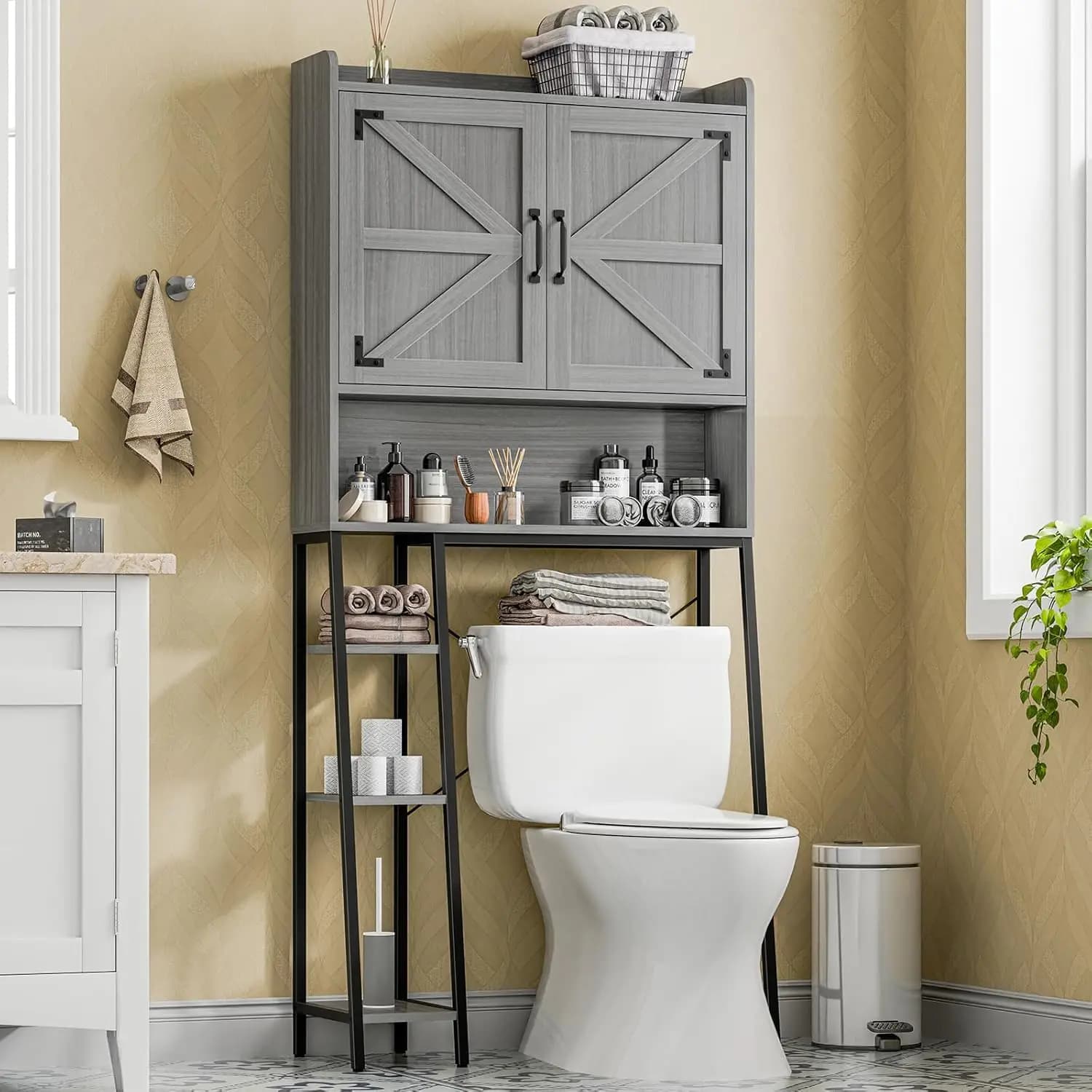 Mobiletto portaoggetti da posizionare sopra il WC, mobiletto portaoggetti in stile rustico con ante scorrevoli e porta carta igienica, salvaspazio per la casa