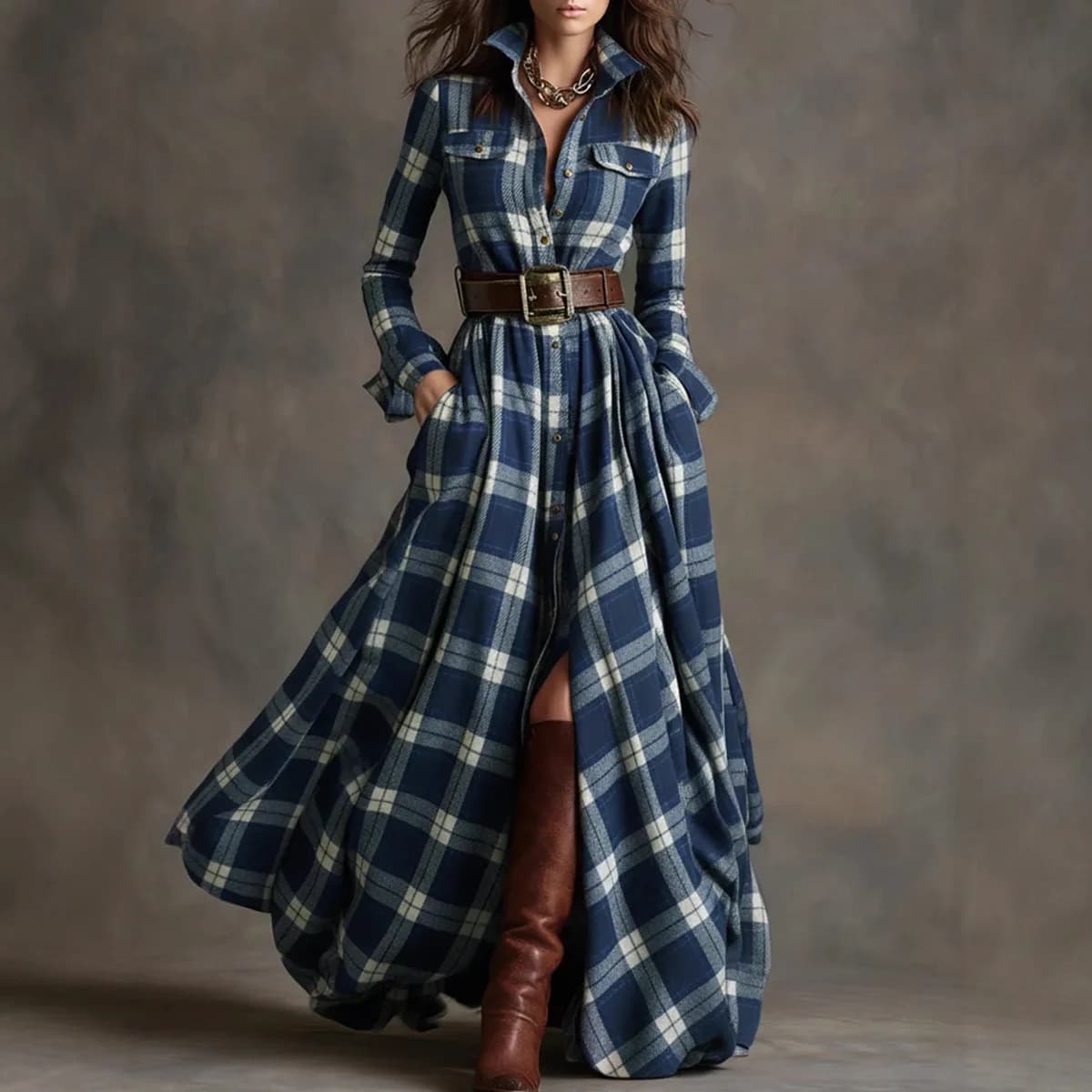 Women's dress with buttons, long skirt with irregular design, with fashionable pockets and belt on the back