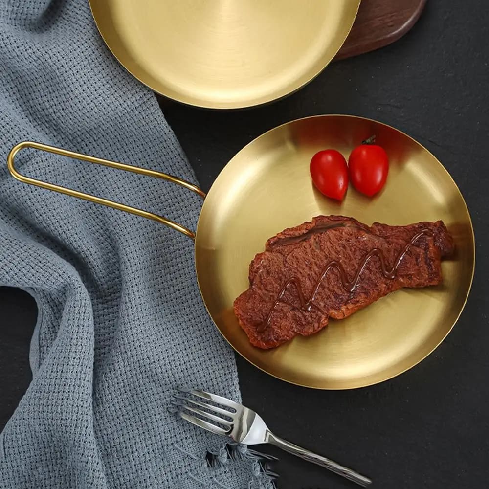 Easy To Clean 18/20cm Stainless Steel Frying Pan Flat Bottom Handled Steak Skillet Round Golden/Sliver Roasting Cooking Pots