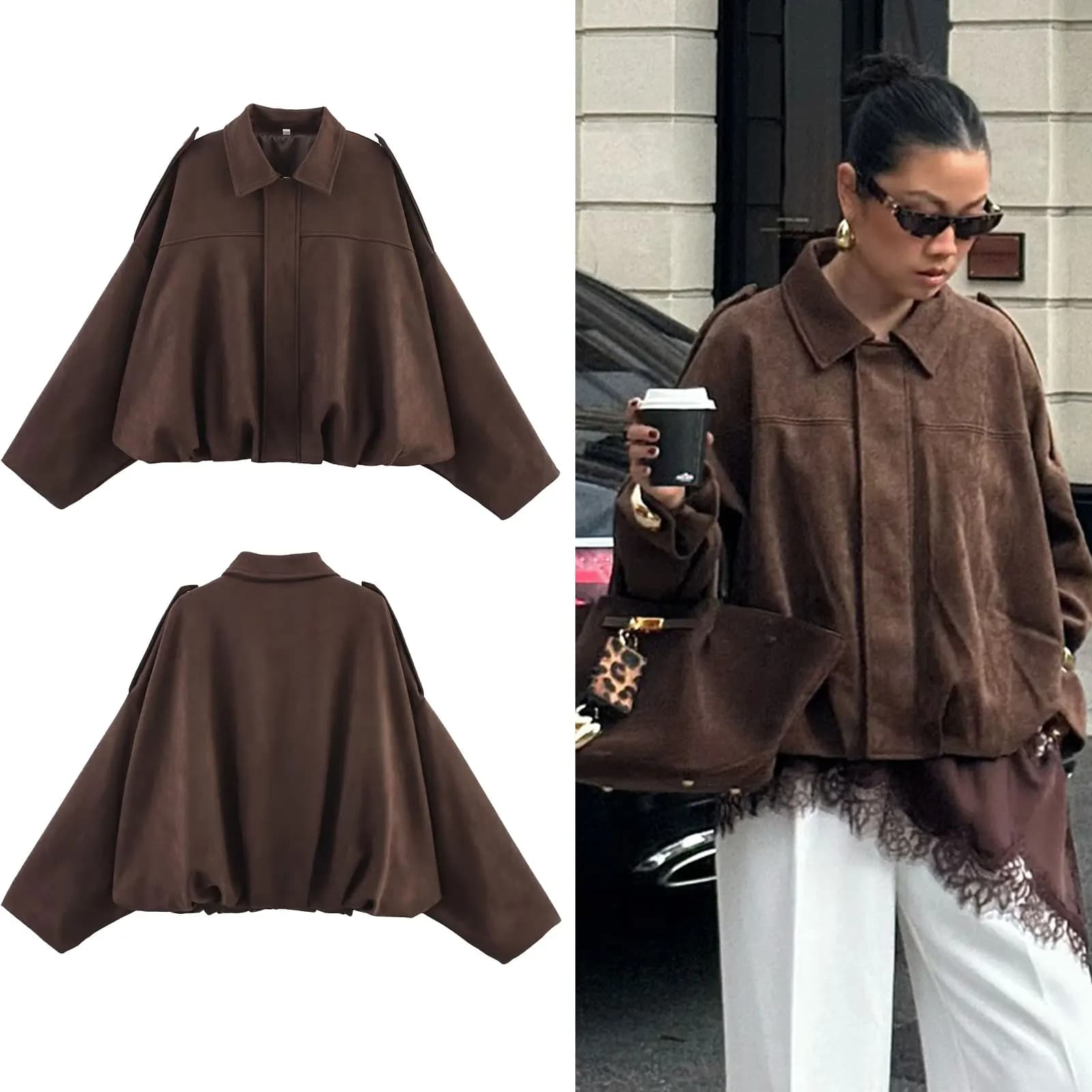 HH Women's Coats With Leather Weave loose loose solid street fashion causal long sleeves to pipistrello bavero zipper fly vintage winter jackets