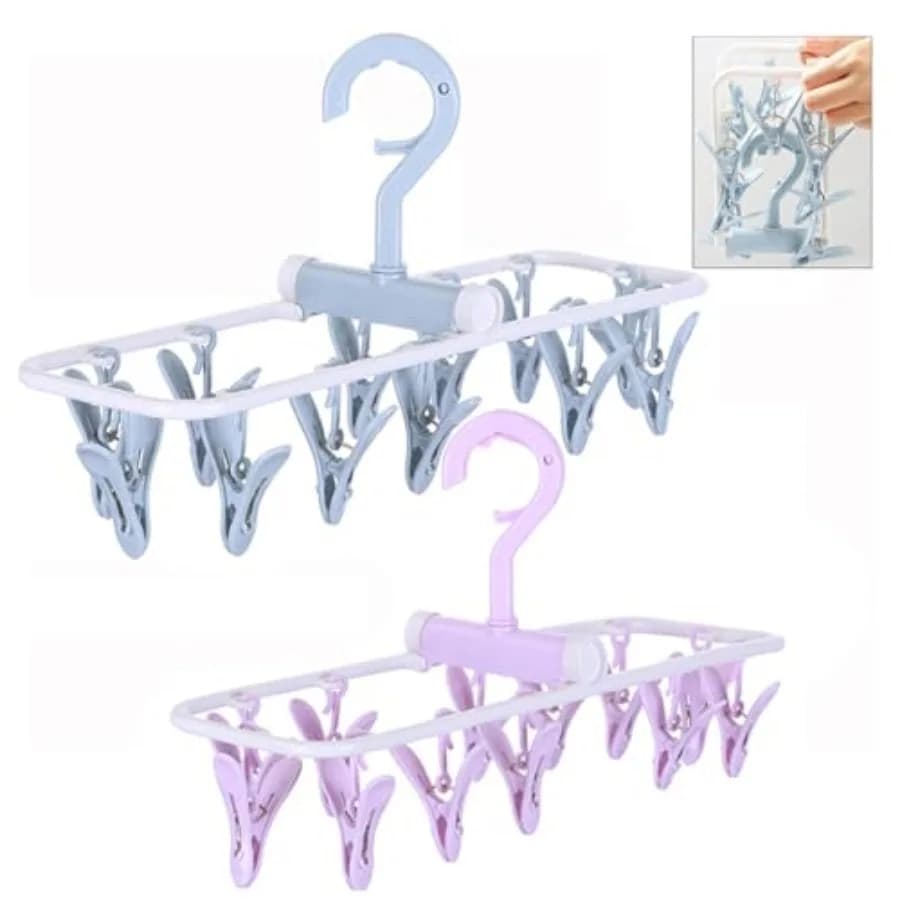 Clothes Drying Racks 2 Pack Small Folding Portable Underwear Hangers with Clips Socks 12 Clips 360° Rotatable Hook for Drying T