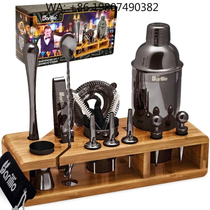 Black Professional Bartender Kit, Stainless Steel Cocktail Shaker Full Mixing Tools With Smooth Bamboo Display Stand For Home Ba
