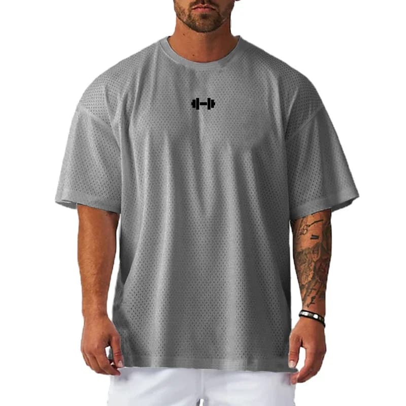 Oversized Men Dropped Shoulde Half Sleeve Fitness Summer Mesh Loose Basketball Training Jersey Barbell print Breathable T-shirt
