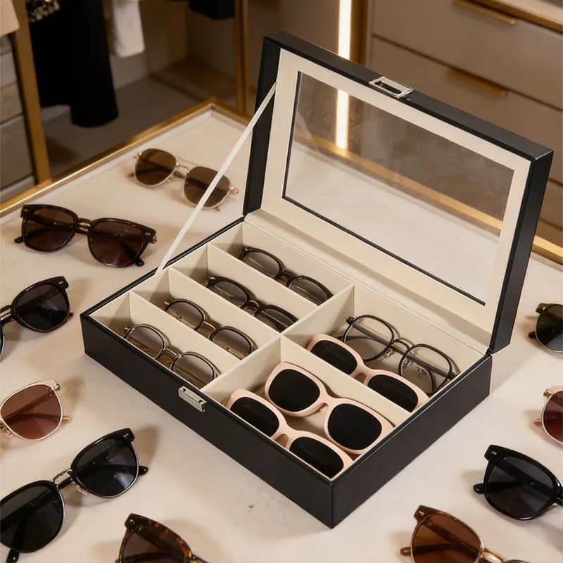 Black Unisex Sunglasses Storage Box Large Capacity Multi-grid Display Case for Eyewear Jewelry And Accessories Organizer