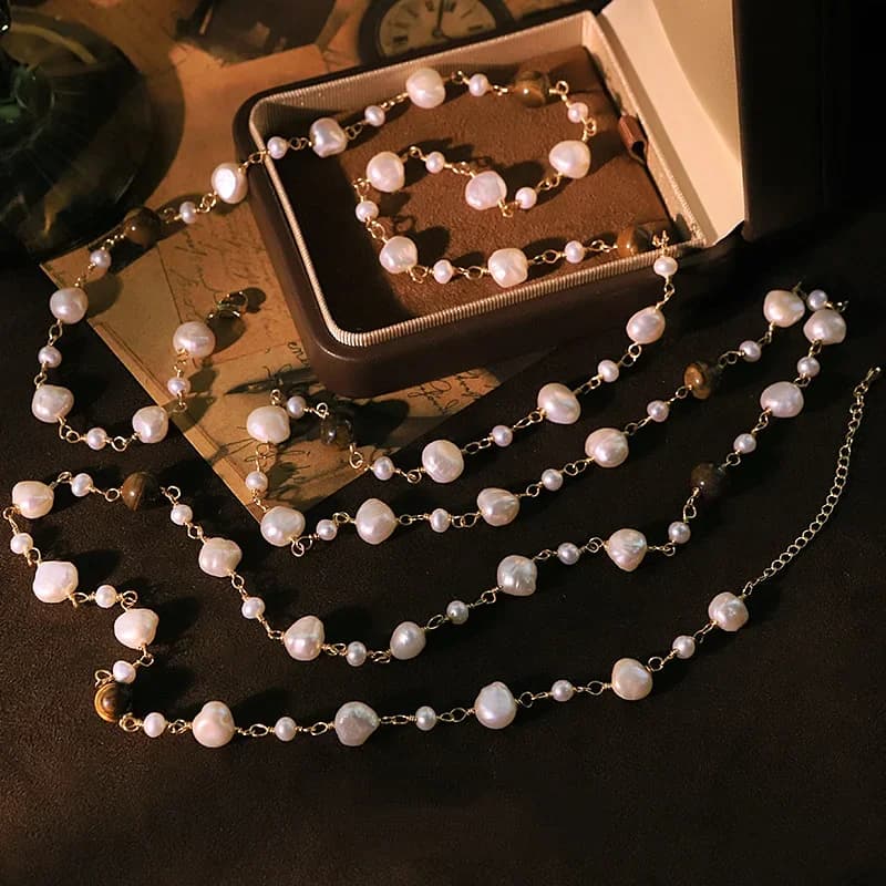 Collana Lunga Originale con Perle Naturali e Occhio di Tigre per Donne, Catena Versatile da Collo, Gioiello alla Moda, Regalo