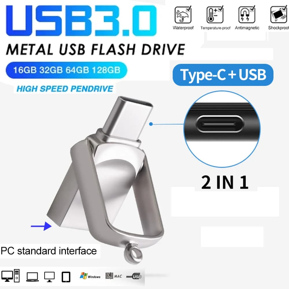 Chiavetta USB 3.0 in metallo 25G 128GB Pen Drive impermeabile ad alta velocità 2in 1 Type-c USB 3.0 256GB PenDrive Stick Gift U Disk