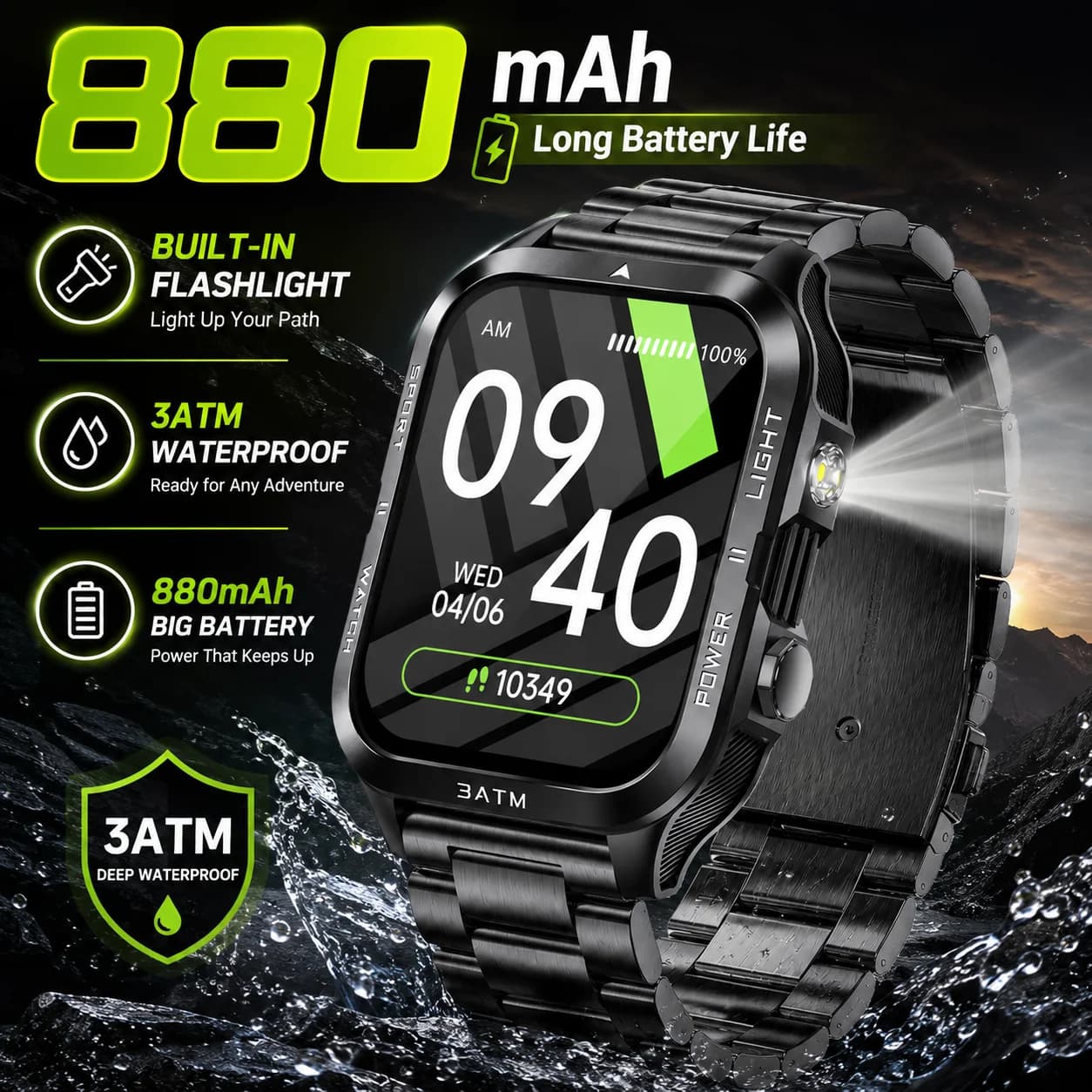 LIGE Military 880mAh Large Battery Smart Watch BT Call 1.96"HD Display Sport Heart Rate Monitor Flashlight Waterproof Smart Band