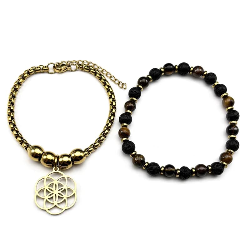 Bracciale con pietra occhio di tigre e Seme della Vita per donna e uomo, in acciaio inossidabile, con fiore della vita a doppio strato, catena da polso, gioiello Reiki.