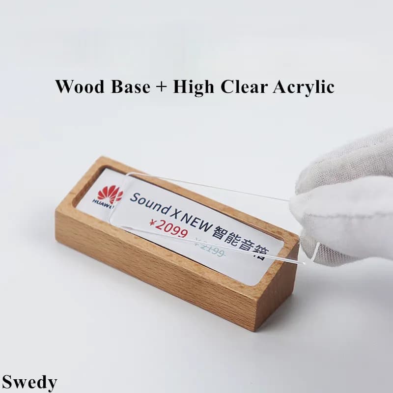 Piccolo tavolo in legno Porta etichette in acrilico Cartellini dei prezzi Visualizza menu Porta cartello in carta Porta carte dati Espositore