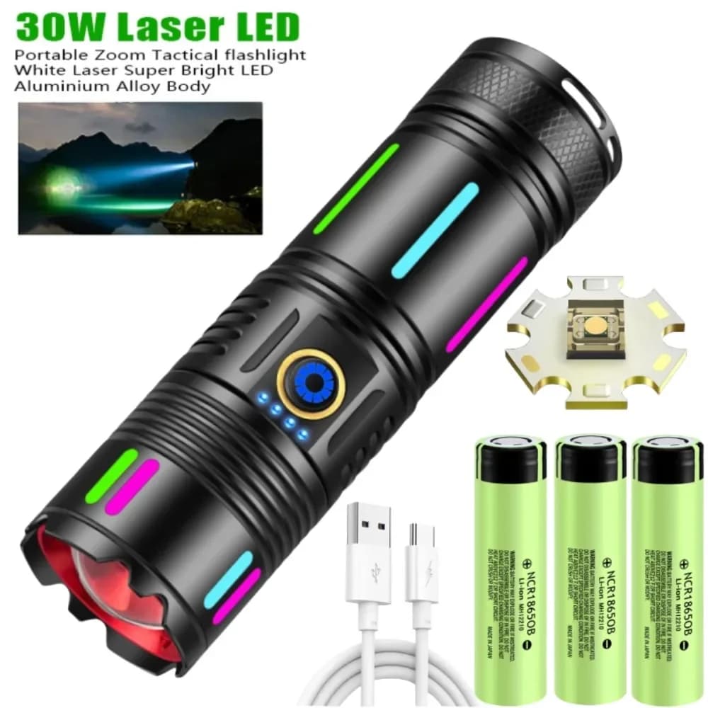 High Power Led White Laser Flashlight Long Range Type C Rechargeable 5 Modes Tactical Zoom Torch Camping Hunting Work Lamp