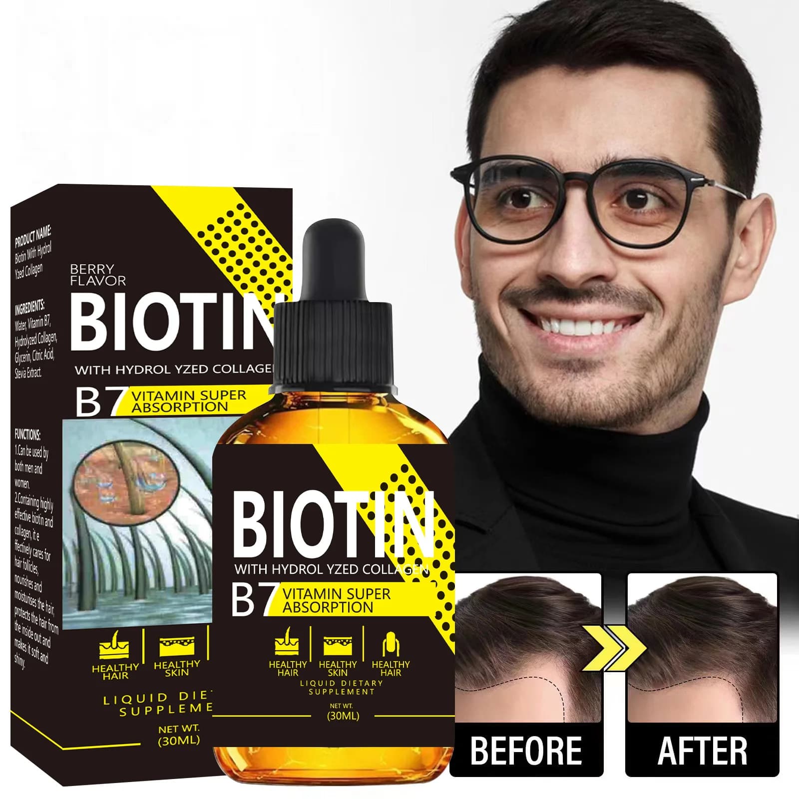 Biotin with essential oil Hydrol Yzed Collagen B7 30 ml to improve the ancient treatment of hair roots